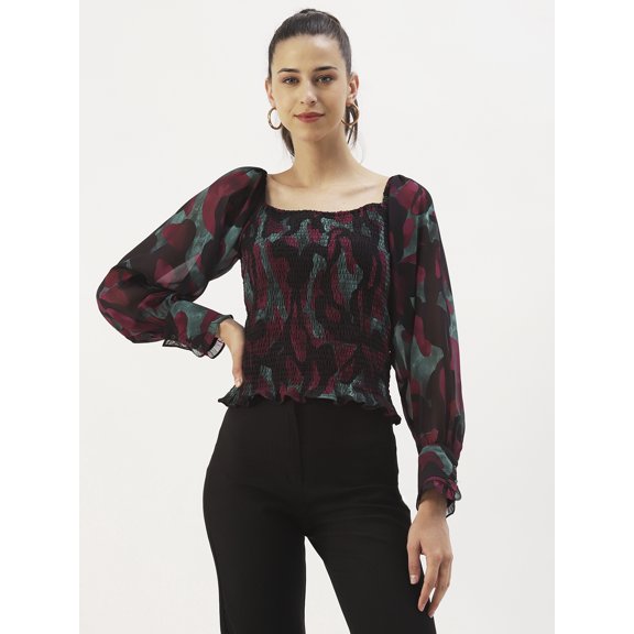 DressBerry Women's Printed Poly Georgette Square Neck Long Balloon Cuffed Sleeves Blouse Smocked Hem Ruffled Border Casual Summer Wear Waist Length Regular Top