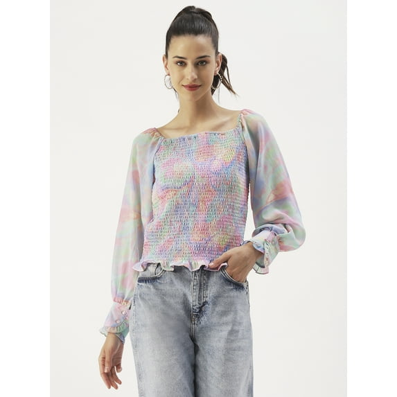 DressBerry Women's Printed Poly Georgette Square Neck Long Balloon Cuffed Sleeves Blouse Smocked Hem Ruffled Border Casual Summer Wear Waist Length Regular Top