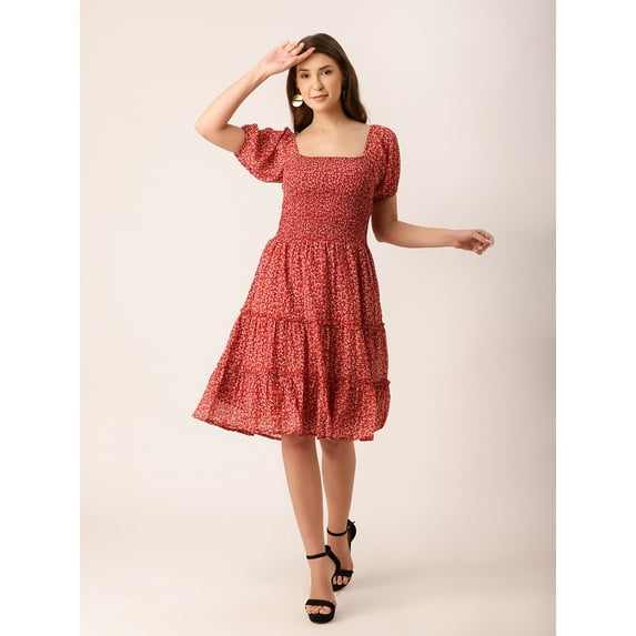 DressBerry Women's Printed Poly Georgette Square Neck Tiered Dress Short Puffed Sleeves Knee Length Smocked Front Casual Summer Wear Midi Length Light Weighted Wavy Party Wear Dress