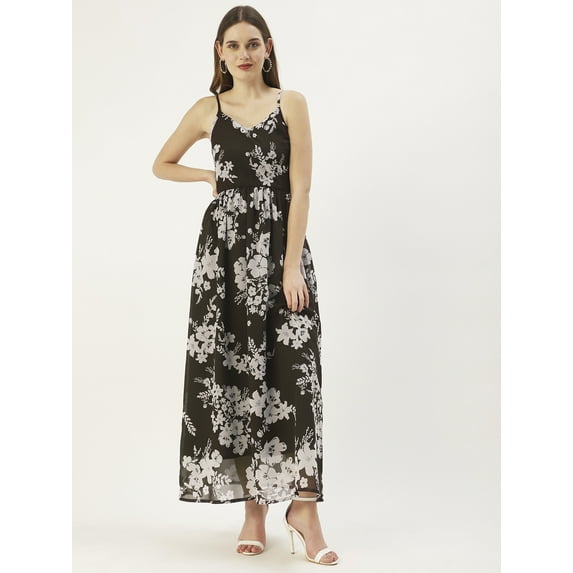 DressBerry Women’s Printed Poly Georgette Strappy Shoulders Smocked Back Light Weighted Ankle Length Flared Hem Casual Summerwear Beachwear Partywear All Purpose One Piece Dress