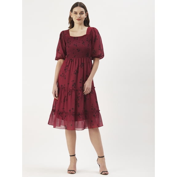 DressBerry Women’s Printed Poly Georgette Sweetheart Neck Puff Elbow Sleeves Calf Length Light Weighted Tiered Hem Casual Summerwear Beachwear Partywear All Purpose One Piece Dress