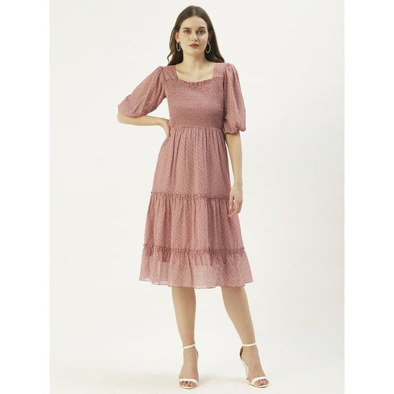 DressBerry Women’s Printed Poly Georgette Sweetheart Neck Puff Elbow Sleeves Calf Length Light Weighted Tiered Hem Casual Summerwear Beachwear Partywear All Purpose One Piece Dress