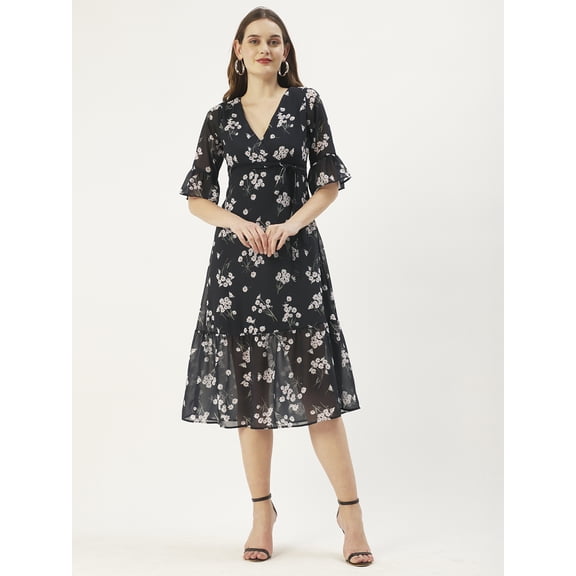 DressBerry Women’s Printed Poly Georgette V Neck 3/4th Bell Sleeves Calf Length Flared Hem Light Weighted Casual Summerwear Beachwear Partywear All Purpose One Piece Dress