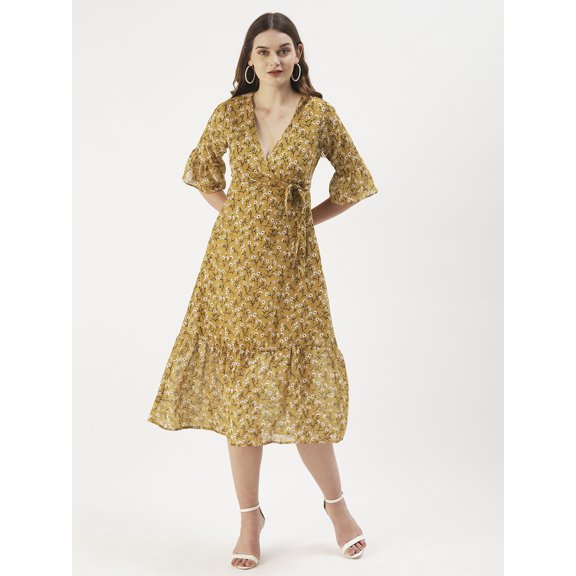 DressBerry Women’s Printed Poly Georgette V Neck 3/4th Bell Sleeves Calf Length Flared Hem Light Weighted Casual&nbsp;Summerwear Beachwear Partywear All Purpose One Piece Dress