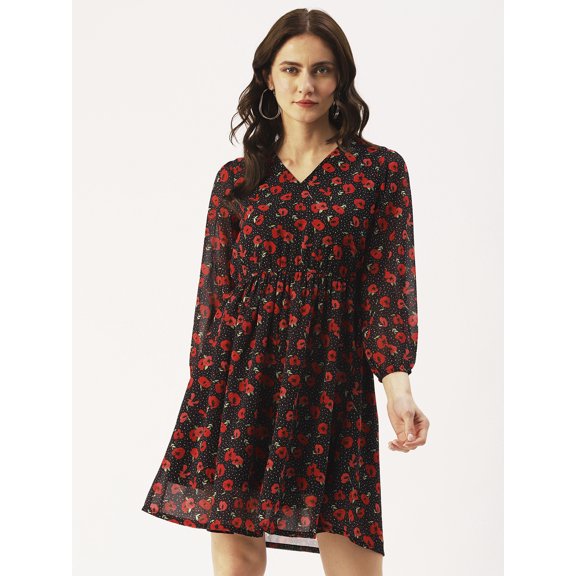 DressBerry Women’s Printed Poly Georgette V Neck Dress Long Sleeves Calf Length Beach Wear Smocked Front Light Weighted Casual Summer Dress