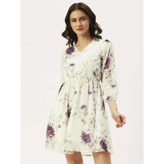 DressBerry Women’s Printed Poly Georgette V Neck Dress Long Sleeves Calf Length Beach Wear Smocked Front Light Weighted Casual Summer Dress