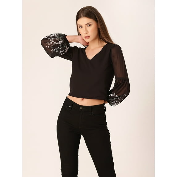 DressBerry Women's Printed Poly Georgette V Neck Knotted Crop Top Elasticated Long Puffed Sleeves Casual Summer Wear High Waist Loose Fitted Party Wear Blouse