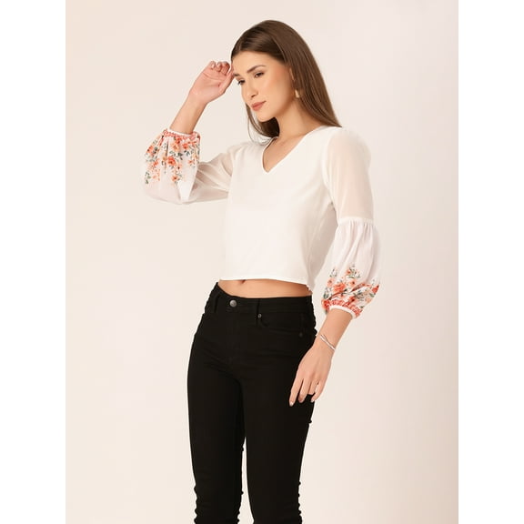 DressBerry Women's Printed Poly Georgette V Neck Knotted Crop Top Elasticated Long Puffed Sleeves Casual Summer Wear High Waist Loose Fitted Party Wear Blouse