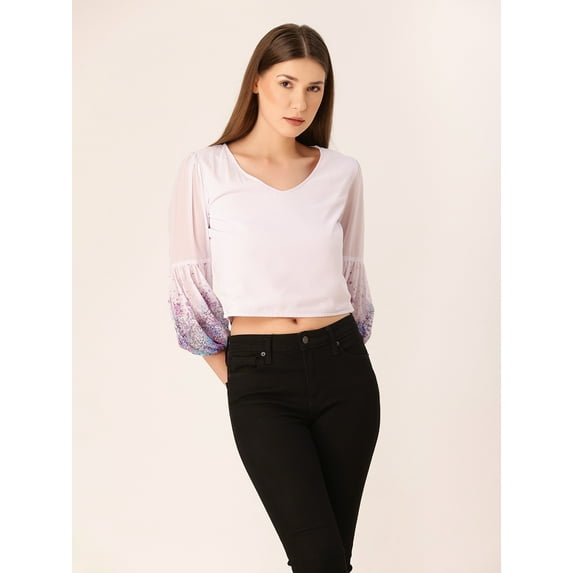 DressBerry Women's Printed Poly Georgette V Neck Knotted Crop Top Elasticated Long Puffed Sleeves Casual Summer Wear High Waist Loose Fitted Party Wear Blouse