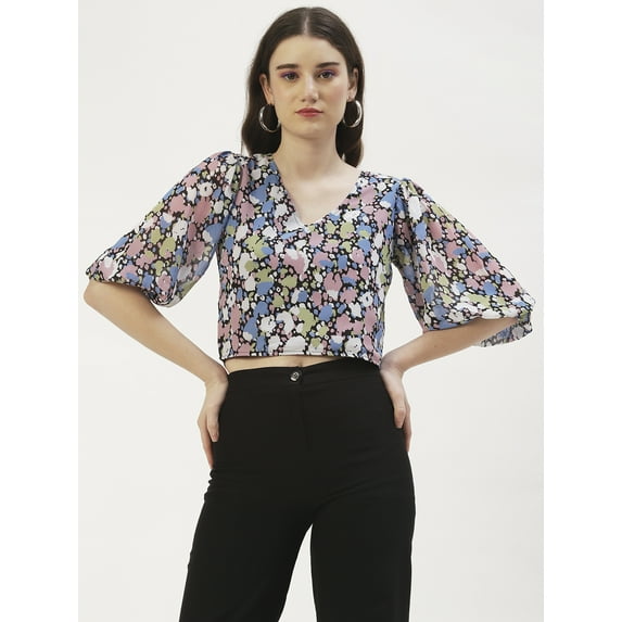 DressBerry Women's Printed Poly Georgette V Neck Puffed 3/4th Sleeves Crop Blouse Regular Use Casual Summer Wear Above Waist Length Regular Short Top