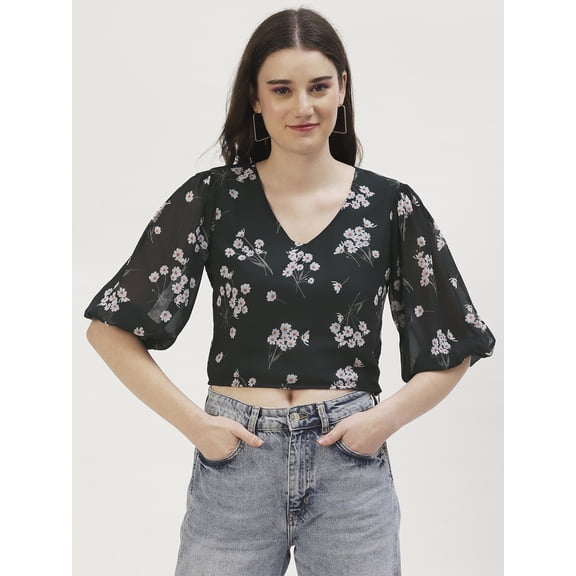 DressBerry Women's Printed Poly Georgette V Neck Puffed 3/4th Sleeves Crop Blouse Regular Use Casual Summer Wear Above Waist Length Regular Short Top