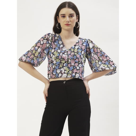 DressBerry Women's Printed Poly Georgette V Neck Puffed 3/4th Sleeves Crop Blouse Regular Use Casual&nbsp;Summer Wear Above Waist Length Regular Short Top