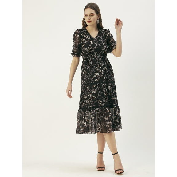 DressBerry Women’s Printed Poly Georgette V Neck Ruched Puff Elbow Sleeves Calf Length Tiered Hem Light Weighted Casual&nbsp;Summerwear Beachwear Partywear All Purpose One Piece Dress