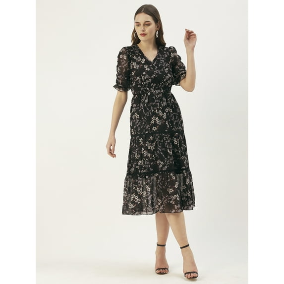 DressBerry Women’s Printed Poly Georgette V Neck Ruched Puff Elbow Sleeves Calf Length Tiered Hem Light Weighted Casual Summerwear Beachwear Partywear All Purpose One Piece Dress