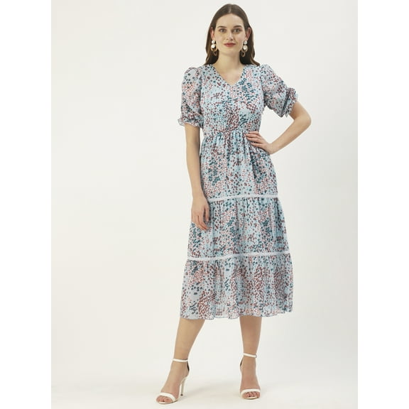 DressBerry Women’s Printed Poly Georgette V Neck Ruched Puff Elbow Sleeves Calf Length Tiered Hem Light Weighted Casual Summerwear Beachwear Partywear All Purpose One Piece Dress