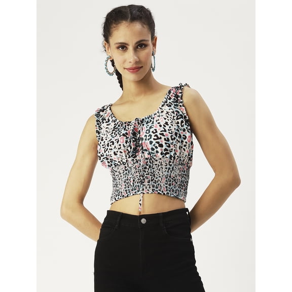 DressBerry Women’s Printed Poly Crepe Crop Top Round Neck with Adjustable Drawstrings Short Flutter Sleeves Smocked Hem Regular Wear Light Weighted Casual Summer Blouse