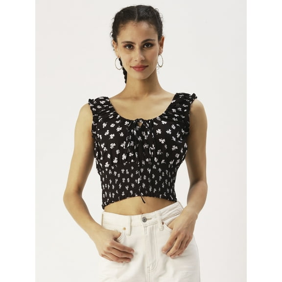 DressBerry Women’s Printed Poly Crepe Crop Top Round Neck with Adjustable Drawstrings Short Flutter Sleeves Smocked Hem Regular Wear Light Weighted Casual Summer Blouse