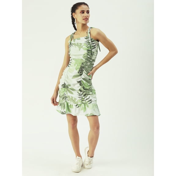 DressBerry Women’s Printed Poly Rayon Dress Square Neck with Adjustable Drawstrings Sleeveless Thigh Length Regular Wear Light Weighted Woven Ruffled Short Dress