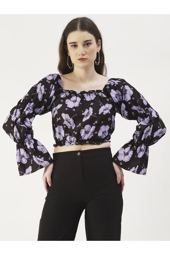 Women's Printed Viscose Rayon Square Neck Ruffled Border Cropped Blouse Long Balloon Sleeves Casual Summer Wear Above Waist Length Regular Short Top