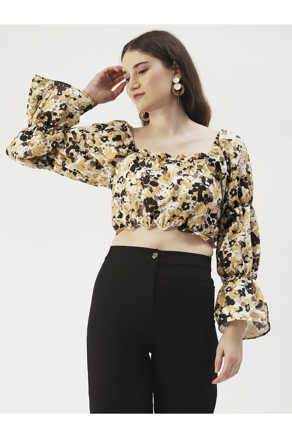 Women's Printed Viscose Rayon Square Neck Ruffled Border Cropped Blouse Long Balloon Sleeves Casual&nbsp;Summer Wear Above Waist Length Regular Short Top