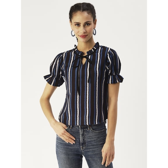 DressBerry Women’s Printed Poly Rayon Top Keyhole Neck with Adjustable Drawstrings Ruffle Puff Sleeves Waist Length Regular Wear Light Weighted Woven Summer Top