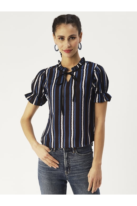 Women’s Printed Poly Rayon Top Keyhole Neck with Adjustable Drawstrings Ruffle Puff Sleeves Waist Length Regular Wear Light Weighted Woven Summer Top