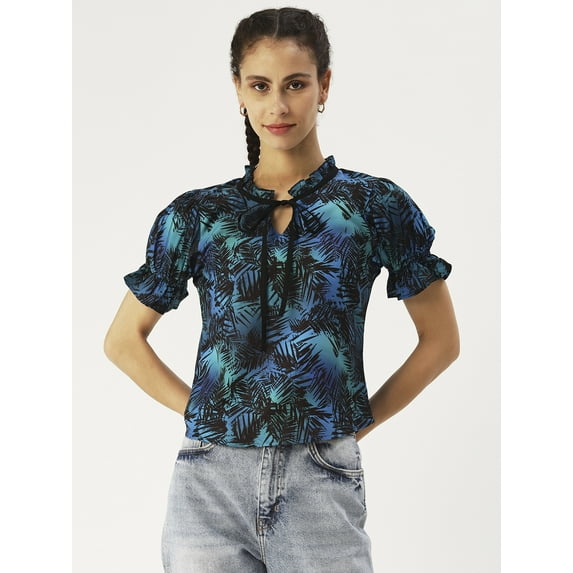 DressBerry Women’s Printed Poly Rayon Top Keyhole Neck with Adjustable Drawstrings Ruffle Puff Sleeves Waist Length Regular Wear Light Weighted Woven Summer Top