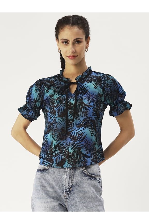 Women’s Printed Poly Rayon Top Keyhole Neck with Adjustable Drawstrings Ruffle Puff Sleeves Waist Length Regular Wear Light Weighted Woven Summer Top
