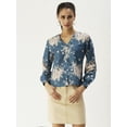 thumbnail image 1 of DressBerry Women’s Printed Poly Crepe Top V Neck Buttoned Front Closure Long Balloon Sleeves Waist Length Regular Wear Light Weighted Woven Summer Top, 1 of 7