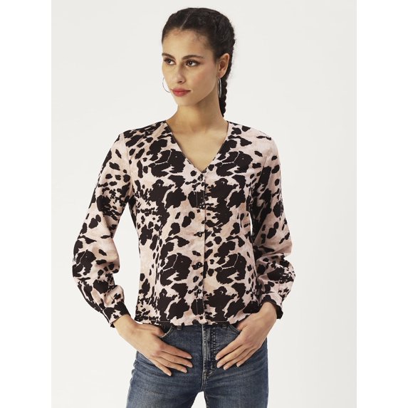 DressBerry Women’s Printed Poly Crepe Top V Neck Buttoned Front Closure Long Balloon Sleeves Waist Length Regular Wear Light Weighted Woven Summer Top