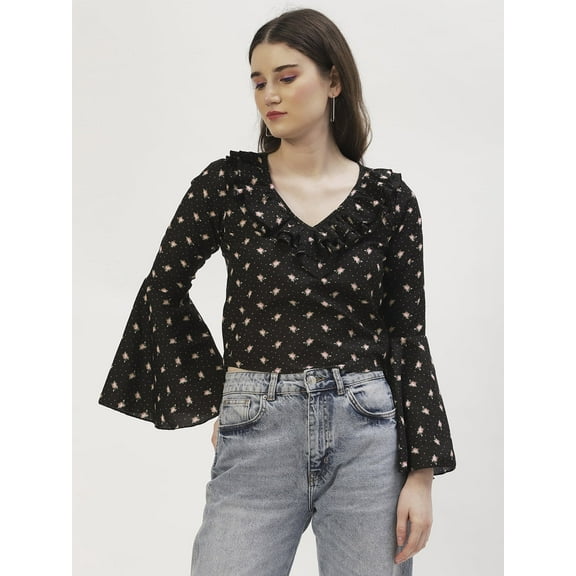 DressBerry Women's Printed Viscose Rayon V Neck Long Flared Sleeves Beach Wear Top Ruffled Front Casual Summer Wear Waist Length Regular Blouse