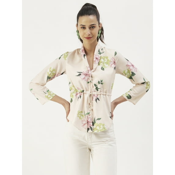 DressBerry Women's Printed Viscose Rayon V Neck Top Clinched Waist Long Sleeves with Waist Tie-Ups High Low Hem Casual Summer Wear Waist Length Regular Top