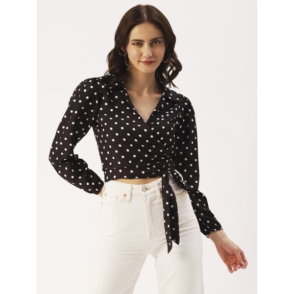 DressBerry Women’s Printed Poly Crepe Wrap Crop Top Shirt Collared Neck Long Sleeves High Waist Regular Wear Light Weighted Casual Summer Top