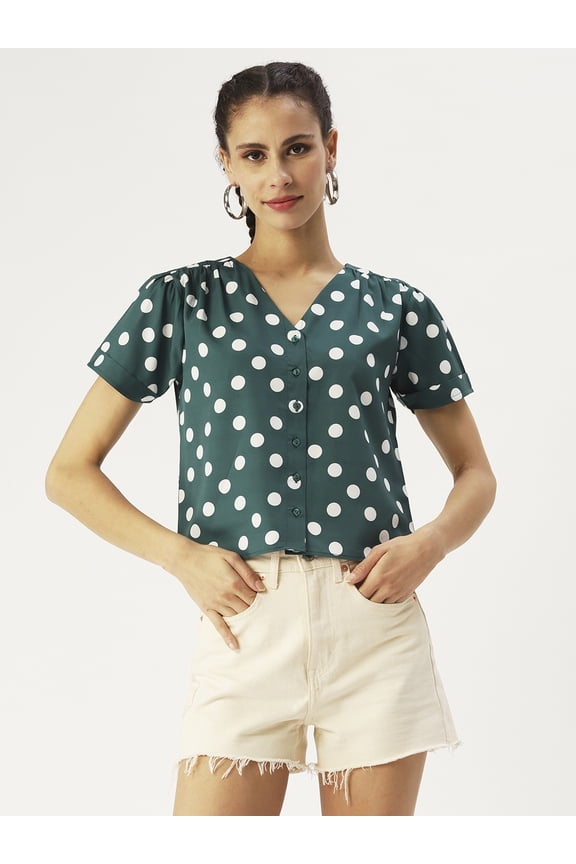 Women’s Printed Poly Crepe Short Sleeves Top Buttoned Front V Neck Waist Length Straight-Cut Light Weighted Casual Summer Shirt