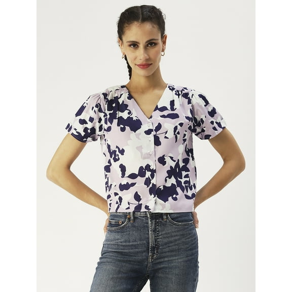 DressBerry Women’s Printed Poly Crepe Short Sleeves Top Buttoned Front V Neck Waist Length Straight-Cut Light Weighted Casual Summer Shirt