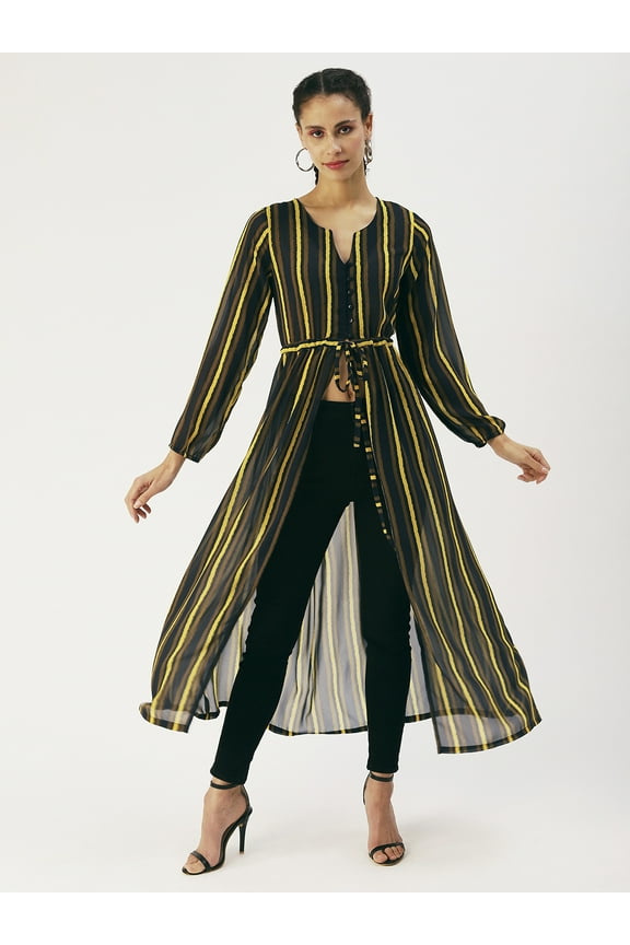 Women’s Printed Poly Georgette Top Long Sleeves with Elasticated Cuffs Round Neck Front Open Slit with Tie-up Strings Casual Long Top