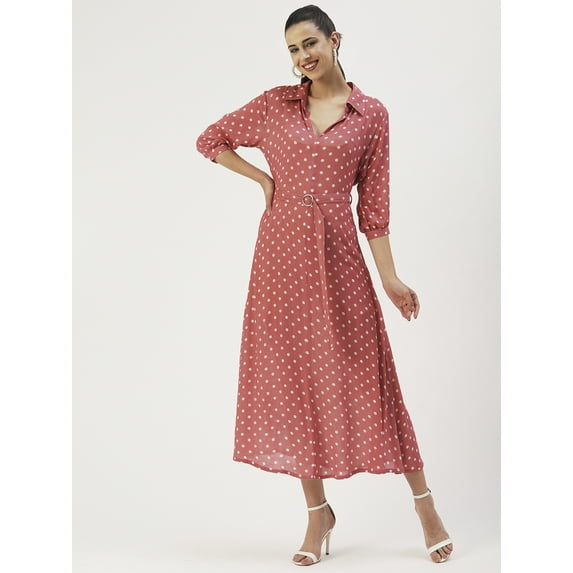 DressBerry Women’s Printed Rayon Crepe Collared Deep Neck Attached Fabric Belt with Silver Metal Buckle Long Sleeves Calf Length Regular Wear Light Weighted Casual Summer Dress