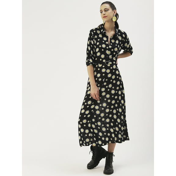 DressBerry Women’s Printed Rayon Crepe Collared Deep Neck Attached Fabric Belt with Silver Metal Buckle Long Sleeves Calf Length Regular Wear Light Weighted Casual Summer Dress