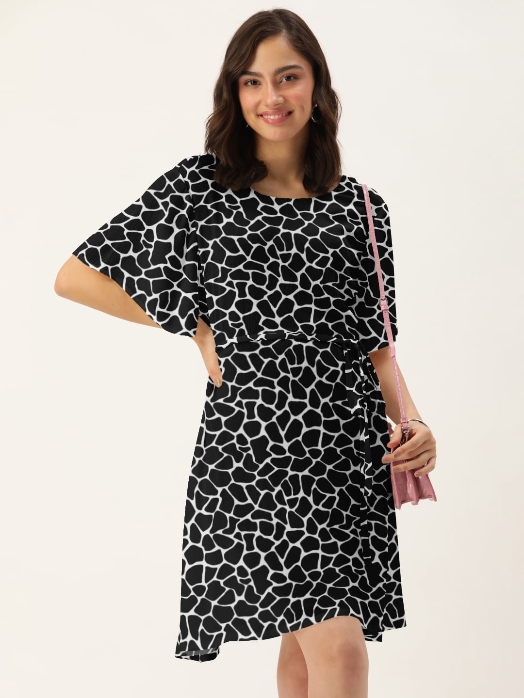 dressberry printed fit & flare monochrome maxi dress reviews DressBerry Women's Printed Rayon Crepe Dress Casual Summer Kimono Sleeves  Knee Length High Waist Round Neck Western Style Light Weighted High Rise