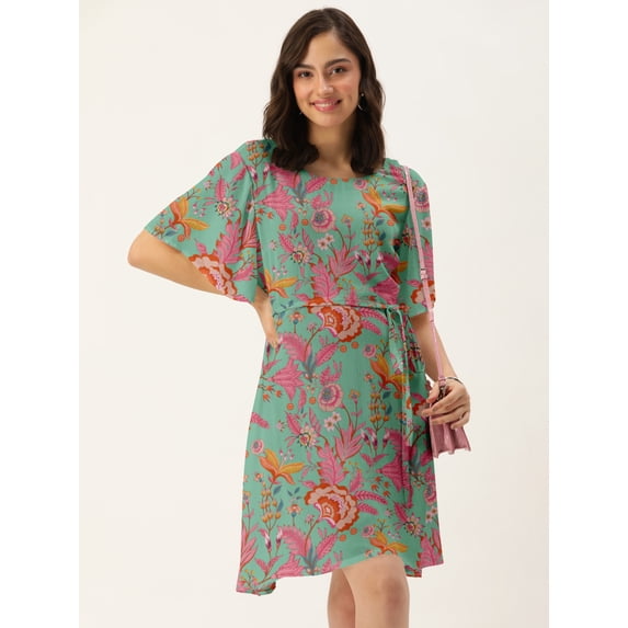 DressBerry Women's Printed Rayon Crepe Dress Casual Summer Kimono Sleeves Knee Length High Waist Round Neck Western Style Light Weighted High Rise Short Crepe Dress