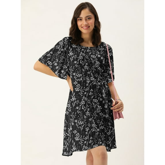 DressBerry Women's Printed Rayon Crepe Dress Casual Summer Kimono Sleeves Knee Length High Waist Round Neck Western Style Light Weighted High Rise Short Crepe Dress