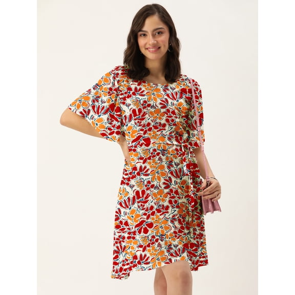 DressBerry Women's Printed Rayon Crepe Dress Casual Summer Kimono Sleeves Knee Length High Waist Round Neck Western Style Light Weighted High Rise Short Crepe Dress