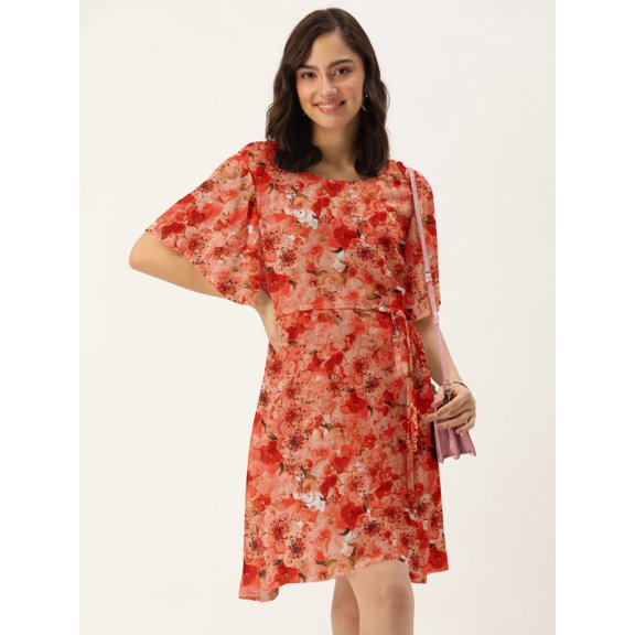 DressBerry Women's Printed Rayon Crepe Dress Casual Summer Kimono Sleeves Knee Length High Waist Round Neck Western Style Light Weighted High Rise Short Crepe Dress