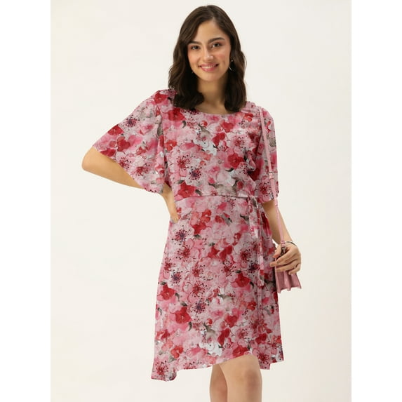 DressBerry Women's Printed Rayon Crepe Dress Casual Summer Kimono Sleeves Knee Length High Waist Round Neck Western Style Light Weighted High Rise Short Crepe Dress