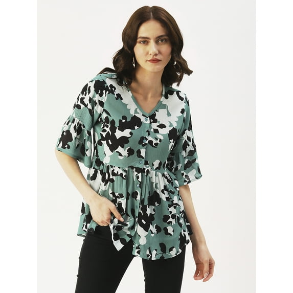 DressBerry Women’s Printed Rayon Crepe Top V Neck Elbow Sleeves Buttoned Front Waist Length Regular Wear Light Weighted Casual Summer Top