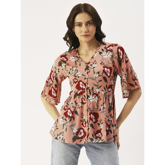 DressBerry Women’s Printed Rayon Crepe Top V Neck Elbow Sleeves Buttoned Front Waist Length Regular Wear Light Weighted Casual Summer Top