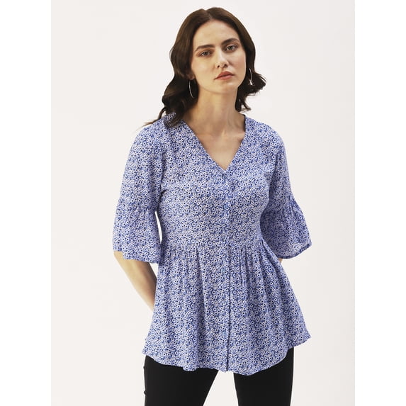 DressBerry Women’s Printed Rayon Crepe Top V Neck Elbow Sleeves Buttoned Front Waist Length Regular Wear Light Weighted Casual Summer Top