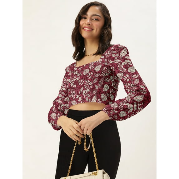 DressBerry Women's Printed Rayon Slub Crop Top Casual Summer Smocked Pattern Square Neck Long Puffed Sleeves Western Style Slip-On Light Weighted High Waist Blouse Top