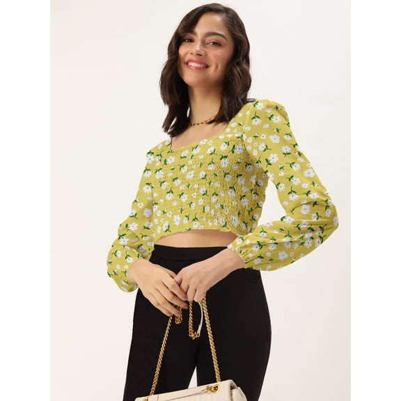 DressBerry Women's Printed Rayon Slub Crop Top Casual Summer Smocked Pattern Square Neck Long Puffed Sleeves Western Style Slip-On Light Weighted High Waist Blouse Top