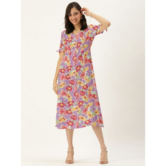 DressBerry Women's Printed Rayon Slub Dress Casual Summer Short Tie Up Sleeves Calf Length High Waist V Neck Buttoned Front Western Style Light Weighted All Purpose Short Dress